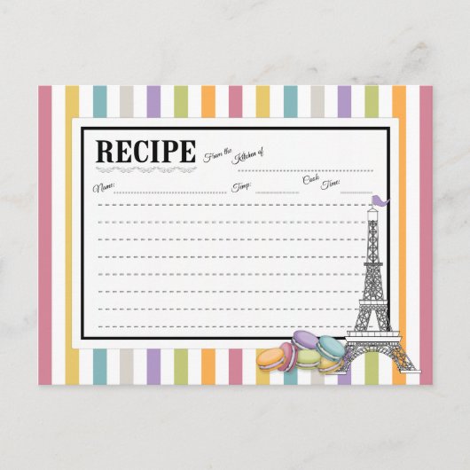 Farbenfrohe Paris Macarons Eiffelturm Rezeptkarte Postkarte (Vorderseite)