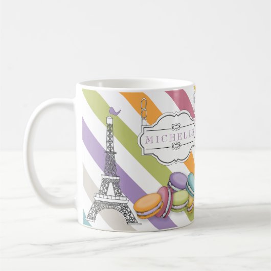 Farbenfrohe Pariser Macarons Eiffelturm Monogram Kaffeetasse (Links)