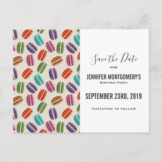Farbenfrohe Pariser Macarons-Muster Save the Date Postkarte (Vorderseite)
