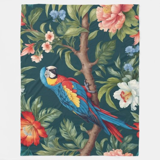 Farbenfrohe Parrot Tropical Dschungel Blätter Fleecedecke (Vorderseite)