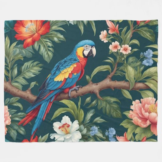 Farbenfrohe Parrot Tropical Dschungel Blätter Fleecedecke (Vorderseite (Horizontal))