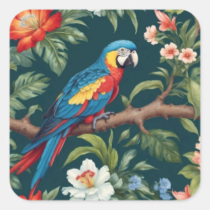 Farbenfrohe Parrot Tropical Dschungel Blätter Quadratischer Aufkleber