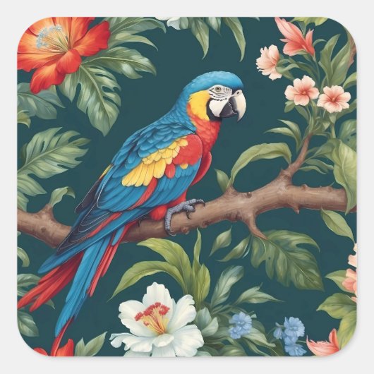 Farbenfrohe Parrot Tropical Dschungel Blätter Quadratischer Aufkleber (Vorderseite)