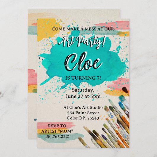 Farbenfrohe Party Einladung mit Pinselstrichen (Vorne/Hinten)