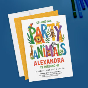 Farbenfrohe Party-Tiere Safari Wild Kid Einladung