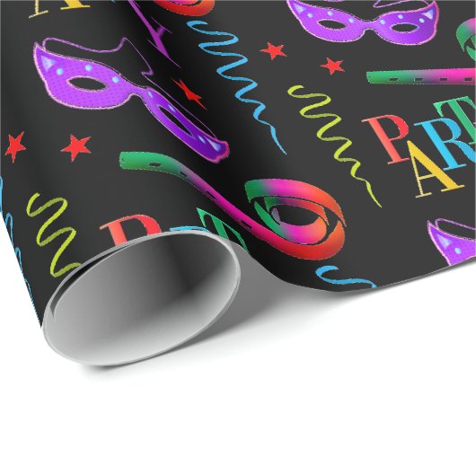 Farbenfrohe Partymasken-Feier-Collage Schwarz Geschenkpapier (Rolleneckpunkt)