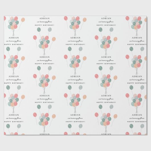 Farbenfrohe Pastel Balloons Modernes Geburtsnamens Geschenkpapier (Flach)