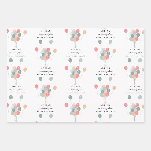 Farbenfrohe Pastel Balloons Modernes Geburtsnamens Geschenkpapier Set (Vorderseite 3)