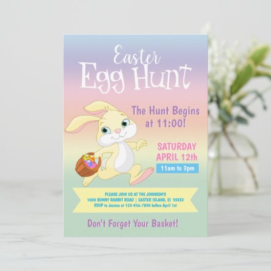 Farbenfrohe Pastel Bunny Rabbit Ostereier Party Einladung (Stehend Vorderseite)