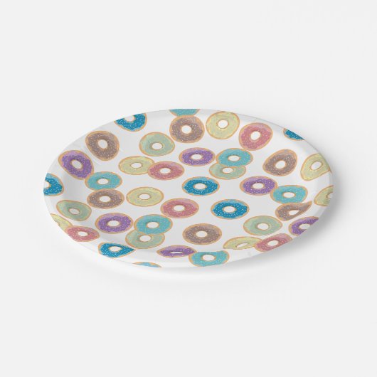 Farbenfrohe Pastel Donuts & Sprinkles Muster Pappteller (Schrägansicht)