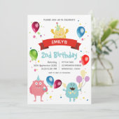 Farbenfrohe Pastel Monster Bash Ballon Kindergebur Einladung (Stehend Vorderseite)
