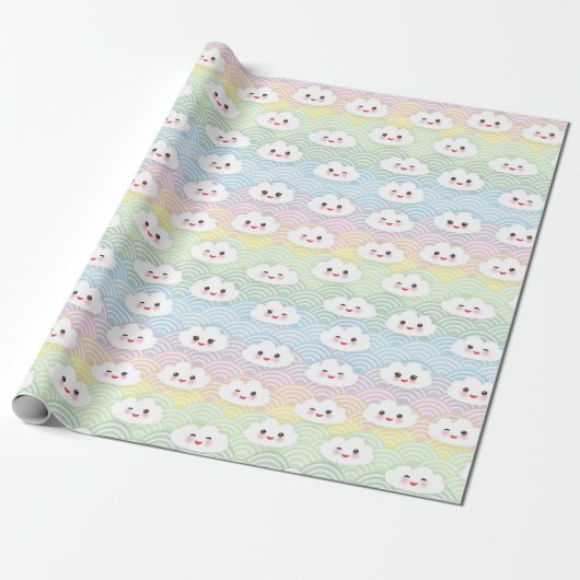 Farbenfrohe Pastel Waves Kawaii Wolken Muster Geschenkpapier (Ungerollt)
