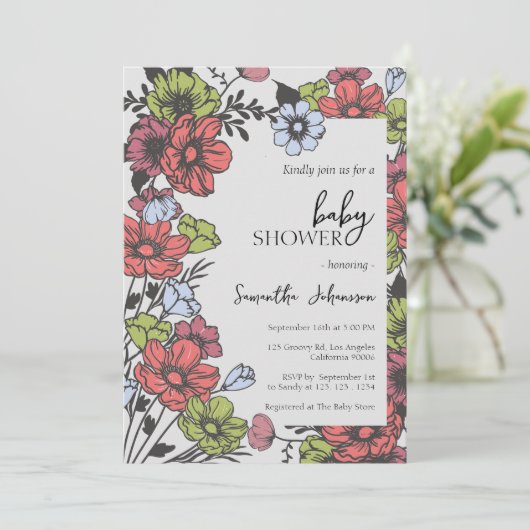 Farbenfrohe Pastel Wildblume Kinderdusche Einladun Einladung (Stehend Vorderseite)