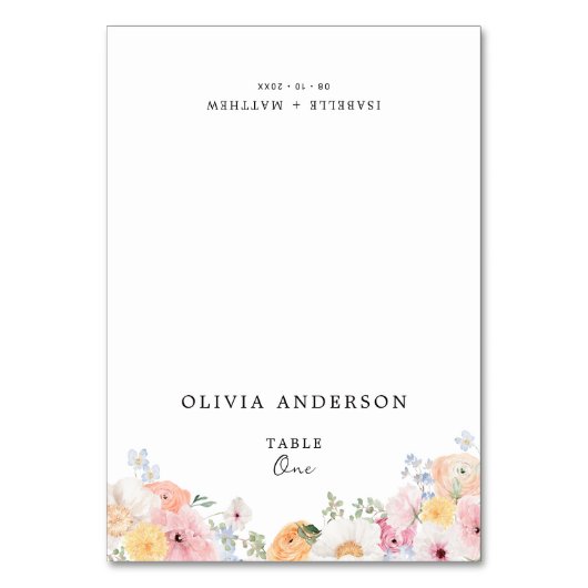 Farbenfrohe Pastell-Blumen-Gästename Tischnummer (Vorderseite)