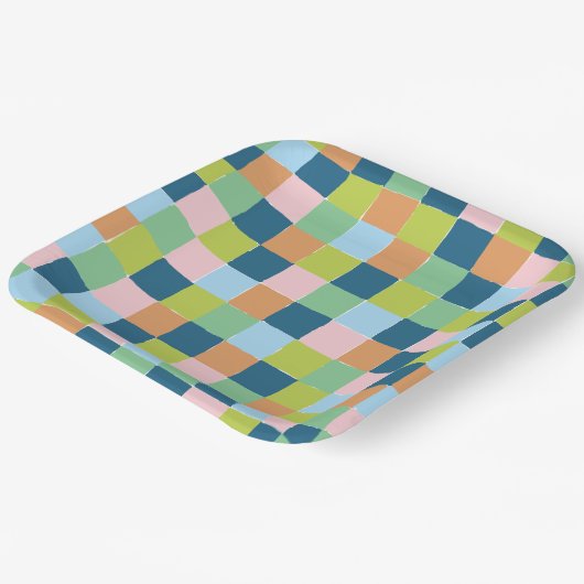 Farbenfrohe Pastell-Schachbrettmuster Pappteller (Gewinkelt)