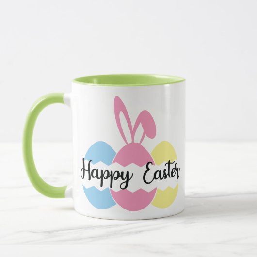 Farbenfrohe Pastelle Bunny und Eier Happy Osterfei Tasse (Links)