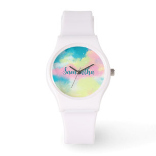 Farbenfrohe pastellfarbene Retro Regenbogenwolken Armbanduhr