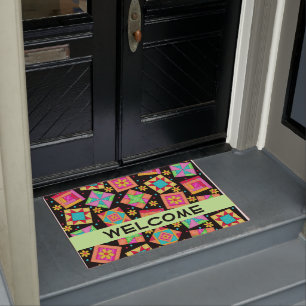 Farbenfrohe Patchwork Blöcke Schwarz Willkommen Fußmatte