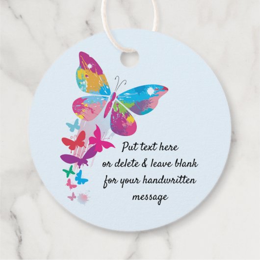 Farbenfrohe Patchwork-Butterfliege Greifkarte Geschenkanhänger (Rückseite)