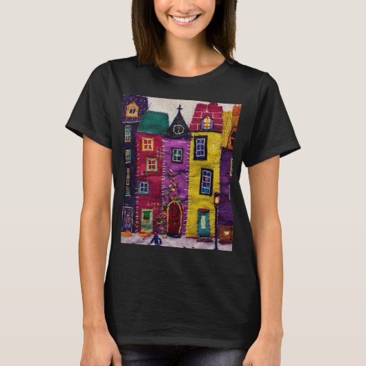 Farbenfrohe Patchwork-Häuser Textilkunst T-Shirt (Vorderseite)