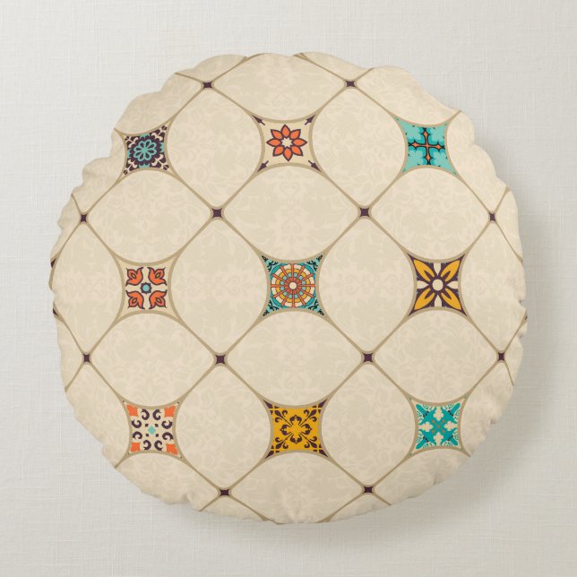 Farbenfrohe Patchwork Islam Arabisch Tile Rundes Kissen (Vorderseite)