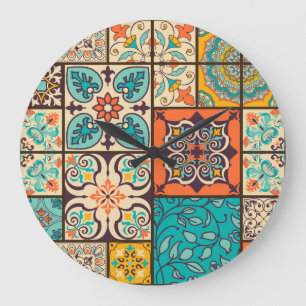Farbenfrohe Patchwork-Islam-Majolika-Kachel Große Wanduhr