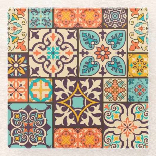 Farbenfrohe Patchwork Islam Motifs Tile Glasuntersetzer (Vorderseite)
