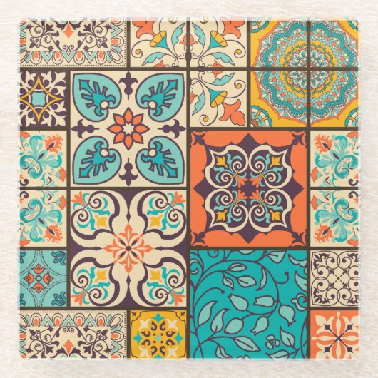 Farbenfrohe Patchwork Islamische Majolika Glasuntersetzer (Vorderseite)