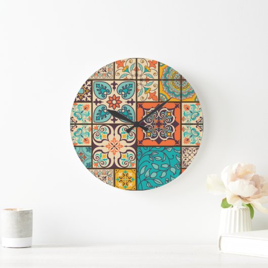 Farbenfrohe Patchwork Islamische Majolika Große Wanduhr (Zuhause)