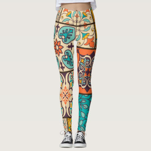 Farbenfrohe Patchwork Islamische Majolika Leggings