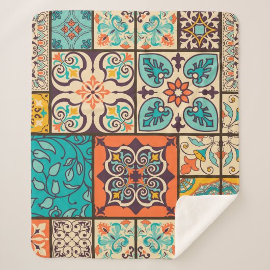 Farbenfrohe Patchwork Islamische Majolika Sherpadecke (Vorderseite)