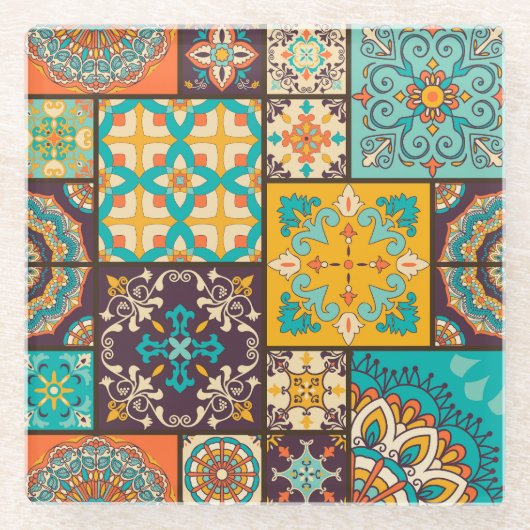 Farbenfrohe Patchwork Islamische Tile Nahtlos Glasuntersetzer (Vorderseite)