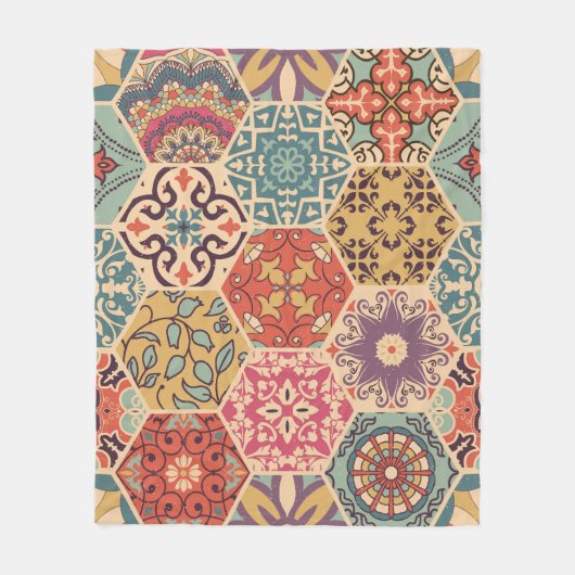 Farbenfrohe Patchwork-Kachel Islamische Motive Fleecedecke (Vorderseite)