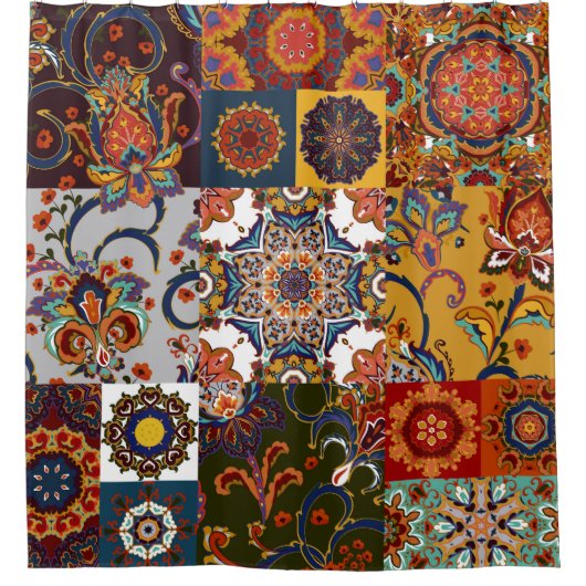 Farbenfrohe Patchwork-Kachel: Majolika-Töpferei-St Duschvorhang (Vorderseite)