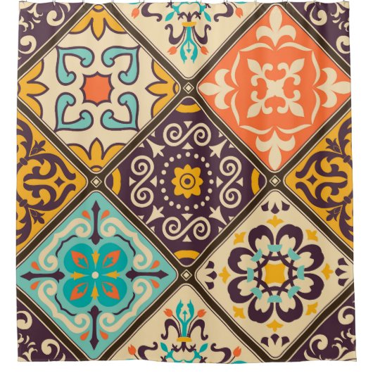 Farbenfrohe Patchwork: Majolica Fliesendesign Duschvorhang (Vorderseite)