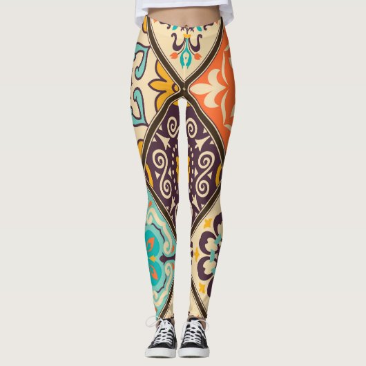 Farbenfrohe Patchwork: Majolica Fliesendesign Leggings (Vorderseite)