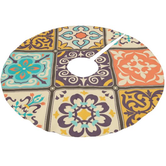 Farbenfrohe Patchwork: Majolica Fliesendesign Polyester Weihnachtsbaumdecke (Schrägansicht)