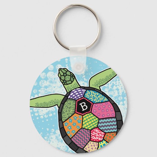 Farbenfrohe Patchwork-Muster Monogram Sea Turtle Schlüsselanhänger (Vorderseite)