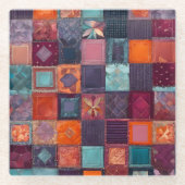 Farbenfrohe Patchwork Quilt Art Glass Untersetzer (Vorderseite)