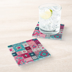 Farbenfrohe Patchwork Quilt Art Glass Untersetzer