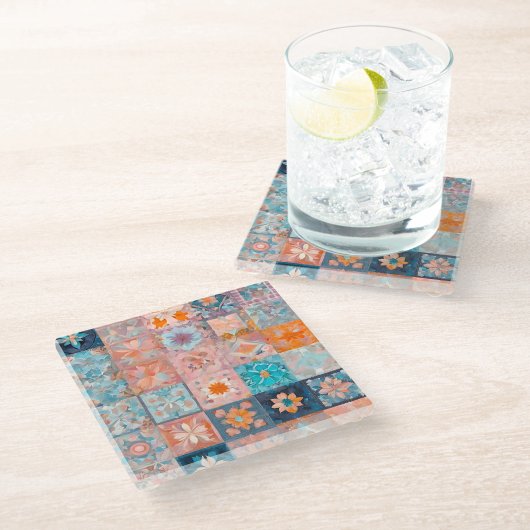 Farbenfrohe Patchwork Quilt Art Glass Untersetzer