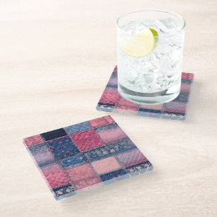 Farbenfrohe Patchwork Quilt Art Glass Untersetzer