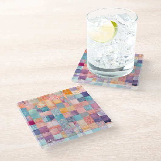 Farbenfrohe Patchwork Quilt Art Glass Untersetzer