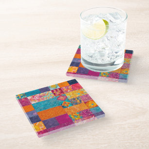 Farbenfrohe Patchwork Quilt Art Glass Untersetzer