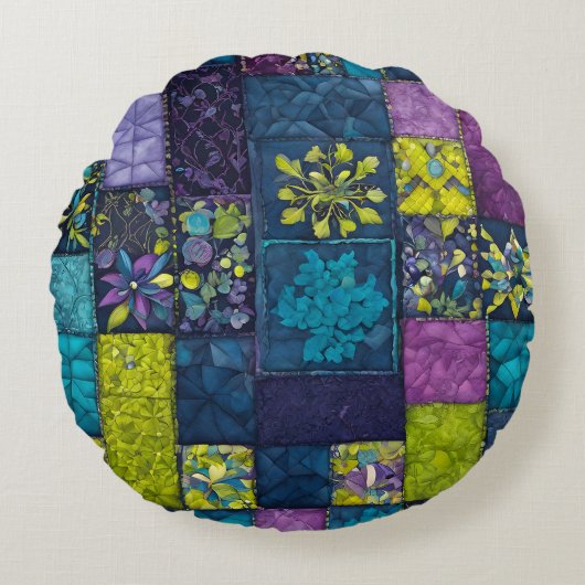 Farbenfrohe Patchwork Quilt Art Round Throw Kissen (Vorderseite)
