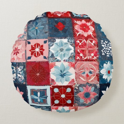 Farbenfrohe Patchwork Quilt Art Round Throw Kissen (Vorderseite)