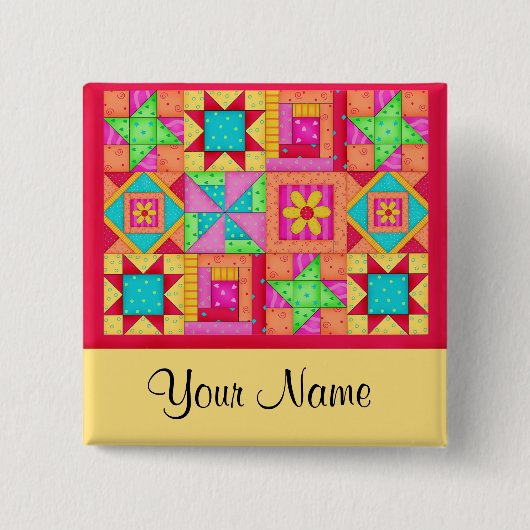 Farbenfrohe Patchwork Quilt Block Art Buttone Button (Vorderseite)