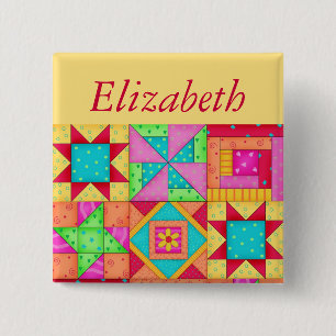 Farbenfrohe Patchwork Quilt Block Art Name Abzeich Button