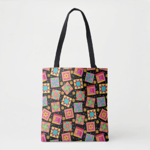 Farbenfrohe Patchwork Quilt Blocks Black Tasche