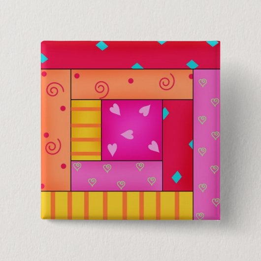 Farbenfrohe Patchwork Quilt Log Kabine Blockkunst  Button (Vorderseite)